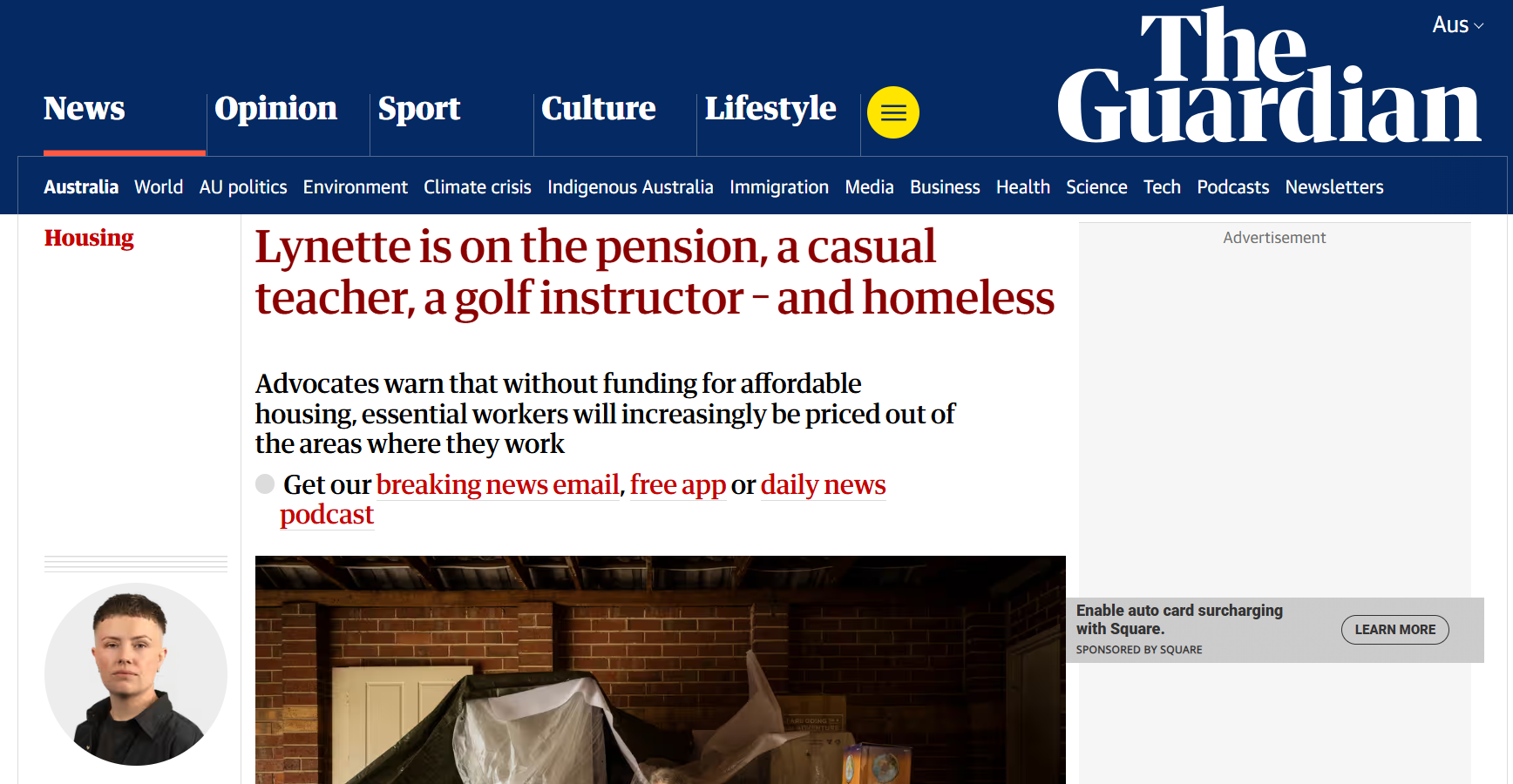 Screenshot of Guardian article featuring Lynette's homelessness story